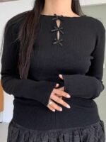 Elorivane Plus Size Round Neck T-Shirt, Bow Decor Slim Fit Long Sleeve Spring Summer Fall Top