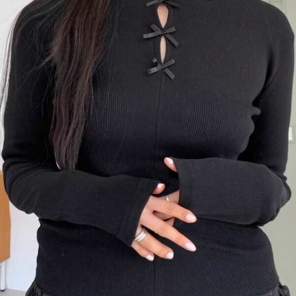 Elorivane Plus Size Round Neck T-Shirt, Bow Decor Slim Fit Long Sleeve Spring Summer Fall Top