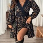 Elorivane Plus Size Ditsy Floral Dress, Lace Trim Lantern Sleeve Boho Outfit, Autumn Beach Holiday Wear