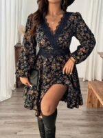 Elorivane Plus Size Ditsy Floral Dress, Lace Trim Lantern Sleeve Boho Outfit, Autumn Beach Holiday Wear
