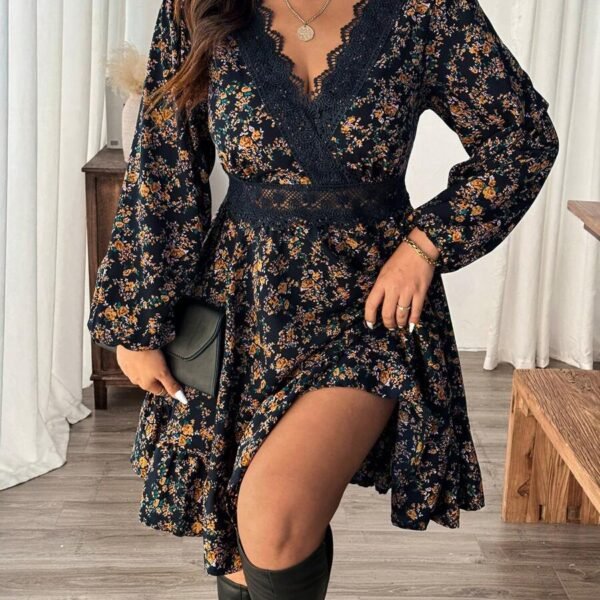 Elorivane Plus Size Ditsy Floral Dress, Lace Trim Lantern Sleeve Boho Outfit, Autumn Beach Holiday Wear