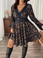 Elorivane Plus Size Ditsy Floral Dress, Lace Trim Lantern Sleeve Boho Outfit, Autumn Beach Holiday Wear - Image 3