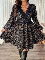 Elorivane Plus Size Ditsy Floral Dress, Lace Trim Lantern Sleeve Boho Outfit, Autumn Beach Holiday Wear - Image 4