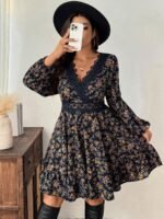 Elorivane Plus Size Ditsy Floral Dress, Lace Trim Lantern Sleeve Boho Outfit, Autumn Beach Holiday Wear - Image 2