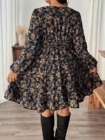 Elorivane Plus Size Ditsy Floral Dress, Lace Trim Lantern Sleeve Boho Outfit, Autumn Beach Holiday Wear - Image 6