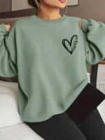 Elorivane Plus Size Sage Green Heart Graphic Crew Neck Pullover Sweatshirt for Fall Winter Teacher Graduation Smart Casual Outfits - Image 8