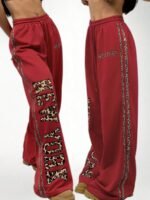 Elorivane Women Red Leopard Straight Pants, Baggy Athleisure Back-To-School Trousers