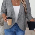 Elorivane Plus Size Solid Color Loose Fit Long Sleeve Cardigan for Fall Winter Casual Wear