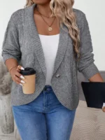 Elorivane Plus Size Solid Color Loose Fit Long Sleeve Cardigan for Fall Winter Casual Wear