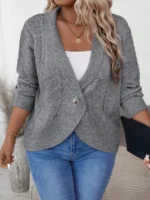 Elorivane Plus Size Solid Color Loose Fit Long Sleeve Cardigan for Fall Winter Casual Wear - Image 4