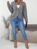 Elorivane Plus Size Solid Color Loose Fit Long Sleeve Cardigan for Fall Winter Casual Wear - Image 5