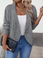 Elorivane Plus Size Solid Color Loose Fit Long Sleeve Cardigan for Fall Winter Casual Wear - Image 6