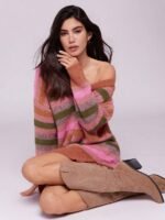 Elorivane Women Multi Color Stripe Sweater Dress, V Neck Long Sleeve Mini Spring Casual Dress - Image 2