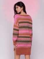 Elorivane Women Multi Color Stripe Sweater Dress, V Neck Long Sleeve Mini Spring Casual Dress - Image 3