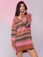 Elorivane Women Multi Color Stripe Sweater Dress, V Neck Long Sleeve Mini Spring Casual Dress - Image 4