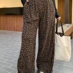 Elorivane Plus Size Coffee Corduroy Pants, Elastic Waist Leopard Print Loose Fit All Season Back To School Trousers