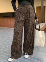 Elorivane Plus Size Coffee Corduroy Pants, Elastic Waist Leopard Print Loose Fit All Season Back To School Trousers