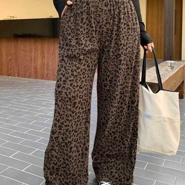 Elorivane Plus Size Coffee Corduroy Pants, Elastic Waist Leopard Print Loose Fit All Season Back To School Trousers