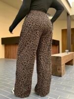 Elorivane Plus Size Coffee Corduroy Pants, Elastic Waist Leopard Print Loose Fit All Season Back To School Trousers - Image 2