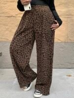Elorivane Plus Size Coffee Corduroy Pants, Elastic Waist Leopard Print Loose Fit All Season Back To School Trousers - Image 4