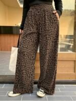 Elorivane Plus Size Coffee Corduroy Pants, Elastic Waist Leopard Print Loose Fit All Season Back To School Trousers - Image 5