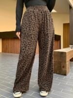 Elorivane Plus Size Coffee Corduroy Pants, Elastic Waist Leopard Print Loose Fit All Season Back To School Trousers - Image 6