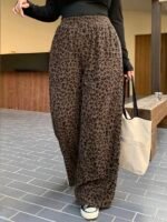 Elorivane Plus Size Coffee Corduroy Pants, Elastic Waist Leopard Print Loose Fit All Season Back To School Trousers - Image 7