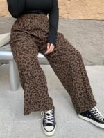 Elorivane Plus Size Coffee Corduroy Pants, Elastic Waist Leopard Print Loose Fit All Season Back To School Trousers - Image 8