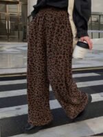 Elorivane Plus Size Coffee Corduroy Pants, Elastic Waist Leopard Print Loose Fit All Season Back To School Trousers - Image 9