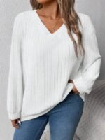 Elorivane Plus Size Loose V-Neck Wide Ribbed Pullover Sweatshirt for Autumn Winter Back To School Graduation Teacher Casual Wear - Image 22