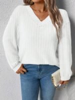 Elorivane Plus Size Loose V-Neck Wide Ribbed Pullover Sweatshirt for Autumn Winter Back To School Graduation Teacher Casual Wear - Image 24