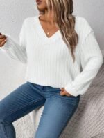Elorivane Plus Size Loose V-Neck Wide Ribbed Pullover Sweatshirt for Autumn Winter Back To School Graduation Teacher Casual Wear - Image 26