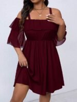 Elorivane Plus Size Solid Color Cold Shoulder Dress with Ruffle Trim Elegant Casual Wear - Image 6