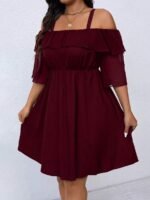 Elorivane Plus Size Solid Color Cold Shoulder Dress with Ruffle Trim Elegant Casual Wear - Image 8