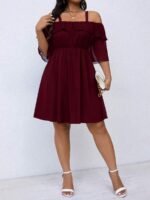 Elorivane Plus Size Solid Color Cold Shoulder Dress with Ruffle Trim Elegant Casual Wear - Image 9