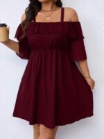 Elorivane Plus Size Solid Color Cold Shoulder Dress with Ruffle Trim Elegant Casual Wear - Image 10