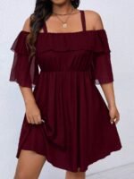 Elorivane Plus Size Solid Color Cold Shoulder Dress with Ruffle Trim Elegant Casual Wear - Image 11