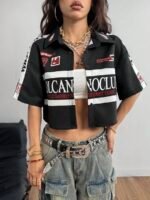 Elorivane Women Green Sport Graphic Crop Top, Loose Short Sleeve Back To School Festival Shirt - Image 8