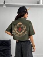 Elorivane Women Green Sport Graphic Crop Top, Loose Short Sleeve Back To School Festival Shirt - Image 2