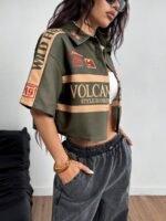 Elorivane Women Green Sport Graphic Crop Top, Loose Short Sleeve Back To School Festival Shirt - Image 3