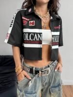 Elorivane Women Green Sport Graphic Crop Top, Loose Short Sleeve Back To School Festival Shirt - Image 12