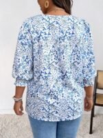 Elorivane Plus Size Ditsy Floral 3/4 Sleeve Shirt Fitted Round Neck Casual Top for Autumn Wear - Image 2