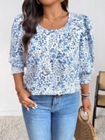 Elorivane Plus Size Ditsy Floral 3/4 Sleeve Shirt Fitted Round Neck Casual Top for Autumn Wear - Image 3