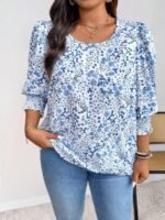 Elorivane Plus Size Ditsy Floral 3/4 Sleeve Shirt Fitted Round Neck Casual Top for Autumn Wear - Image 4