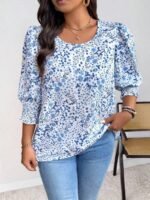 Elorivane Plus Size Ditsy Floral 3/4 Sleeve Shirt Fitted Round Neck Casual Top for Autumn Wear - Image 5