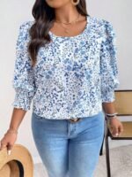 Elorivane Plus Size Ditsy Floral 3/4 Sleeve Shirt Fitted Round Neck Casual Top for Autumn Wear - Image 6
