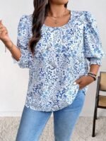 Elorivane Plus Size Ditsy Floral 3/4 Sleeve Shirt Fitted Round Neck Casual Top for Autumn Wear - Image 7