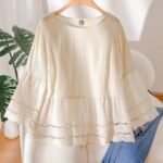 Elorivane Plus Size Apricot Shirt, Hollow Lace Patchwork Slightly Sheer, Spring Summer Vacation Casual Blouse