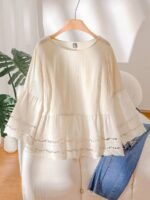 Elorivane Plus Size Apricot Shirt, Hollow Lace Patchwork Slightly Sheer, Spring Summer Vacation Casual Blouse