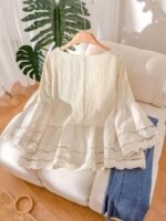 Elorivane Plus Size Apricot Shirt, Hollow Lace Patchwork Slightly Sheer, Spring Summer Vacation Casual Blouse - Image 2